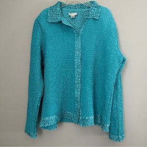 Vintage Rafael Blue Crinkle Button down stretchy polyester blouse